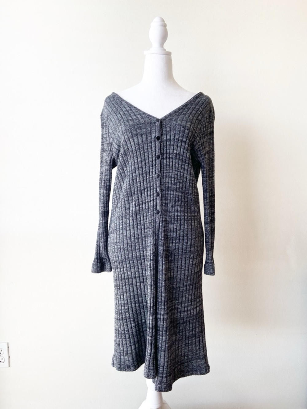 Vintage Stonebridge Ribbed V-Neck Button-Front Grey Top Size PL